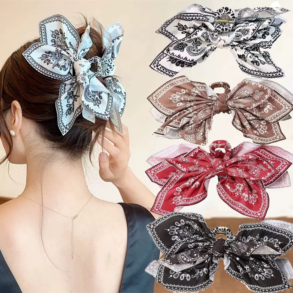 Hair Clip Claw Large - Retro Multicolor Paisley Bow Large Double-Sided