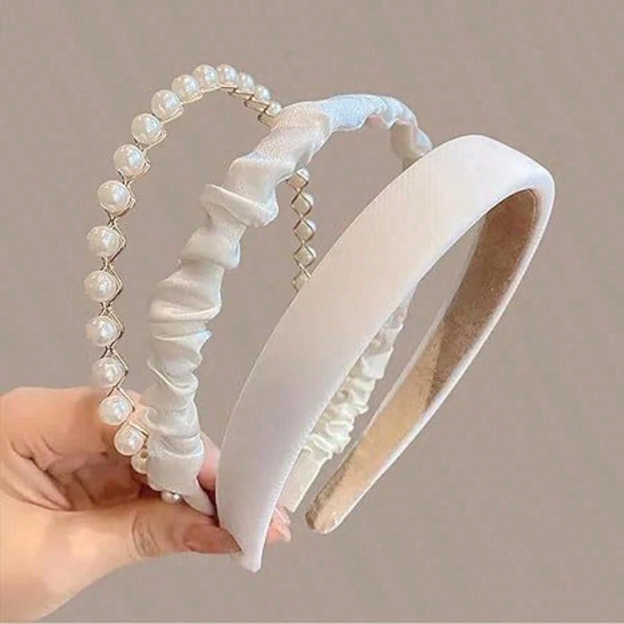 Hair Care Gift Set - 3Pcs White Pearl Ruffled Headband Set